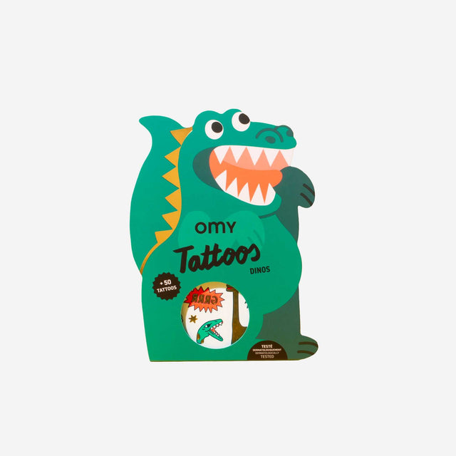 Bunte OMY Dino Tattoos für Kinder mit über 50 Motiven, dermatologisch getestet und kinderleicht anzuwenden.