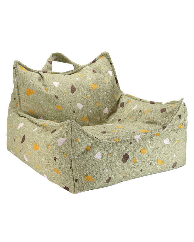 Beanbag chair in terrazzo moss fabric with zippered removable cover and EPS filling for comfortable relaxation