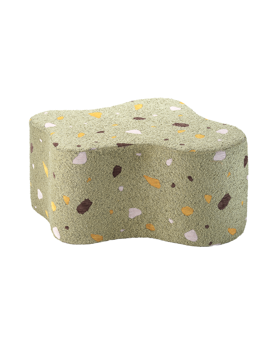 Wigiwama Cloud Pouffe in Terrazzo Moss with textured bouclé and chenille fabric, eco-certified and removable cover