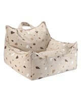 Beanbag chair in terrazzo sand color with bouclé and chenille fabric, child-safe and washable cover