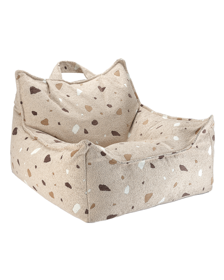 Beanbag chair in terrazzo sand color with bouclé and chenille fabric, child-safe and washable cover