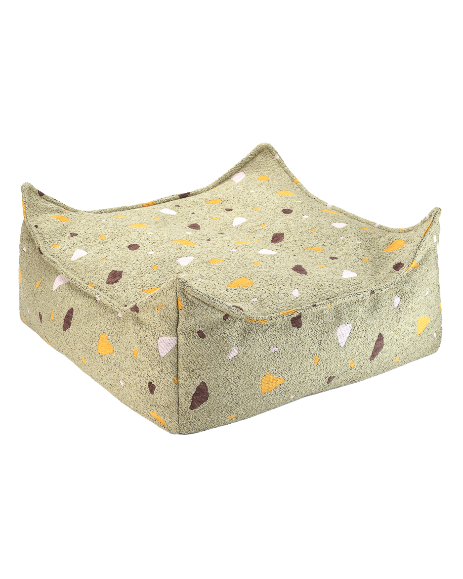Square Ottoman in Terrazzo Moss fabric, eco-friendly and versatile seating or footrest option