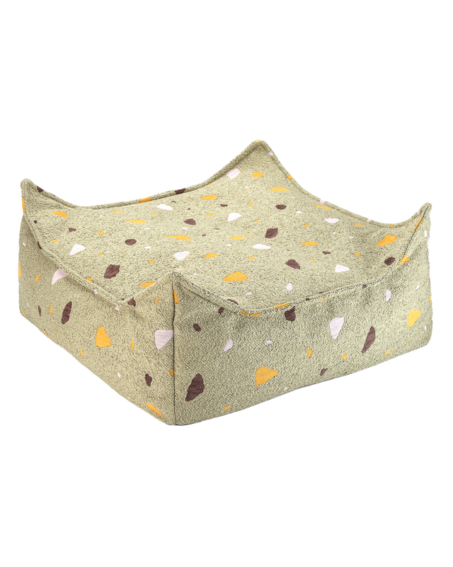 Square Ottoman in Terrazzo Moss fabric, eco-friendly and versatile seating or footrest option