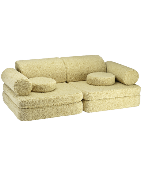 Teddy Settee in matcha green with nine cushions for children's play and relaxation