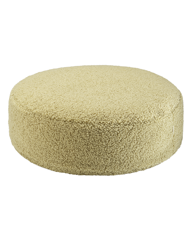 Runder Ottoman aus OEKO-TEX® Teddy-Stoff in Matcha-Grün, leicht und waschbar