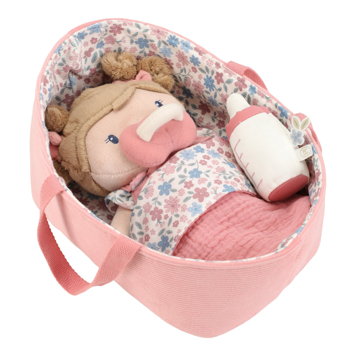 Stoffpuppe Rosa im Körbchen