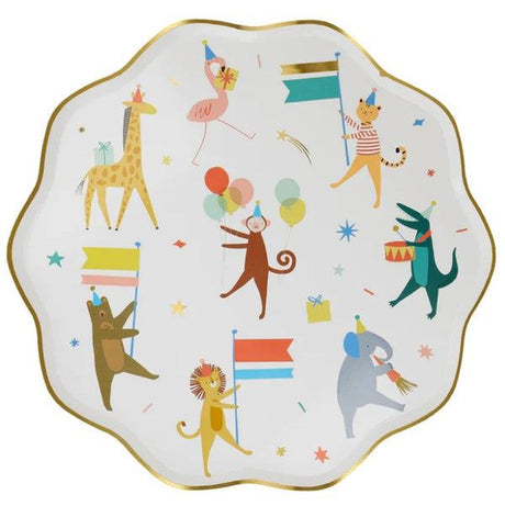 Tierparade-Teller mit leuchtenden Farben und glänzender Goldfolie für Babypartys, nachhaltiges Papier, 8er-Pack