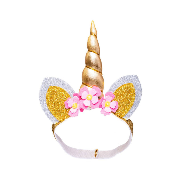 Puppen-Einhorn-Haarband mit gold-glitzerndem Horn, silbernen Ohren und rosa Blüten für Puppen 35-45 cm