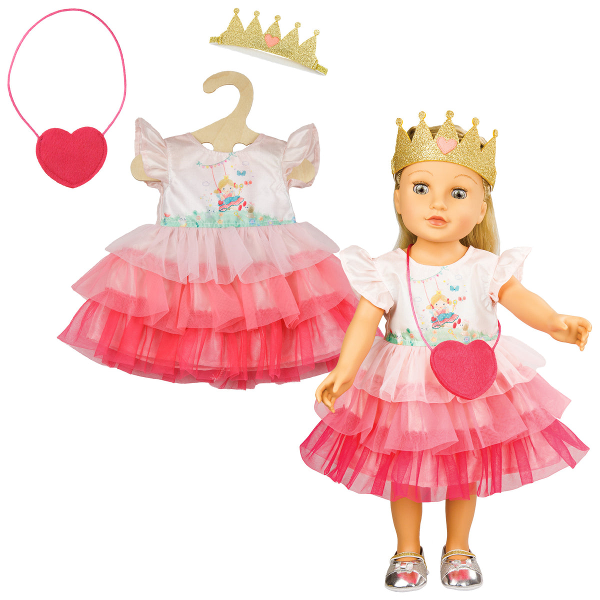 Puppenkleid "Primessn Emily" mit Herztasche und Krone, Gr. 28-35