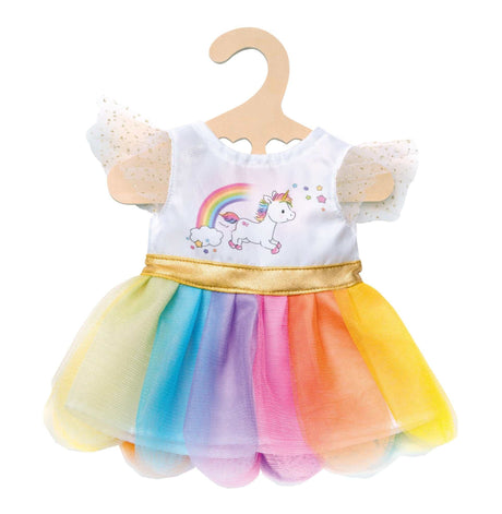 Einhorn-Kleid Gr. 28-35 mit mehrlagigem Regenbogen-Tüllrock und goldenem Glitzergürtel auf Holzkleiderbügel