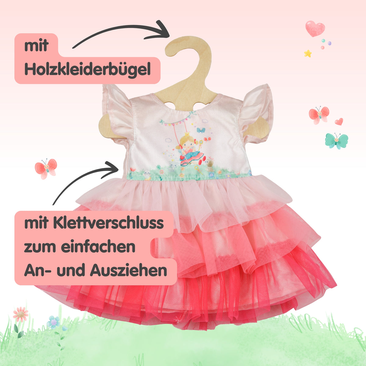 Puppenkleid "Pr!nzessin Emily" mit Herztasche und Krone. Gr. 35-45
