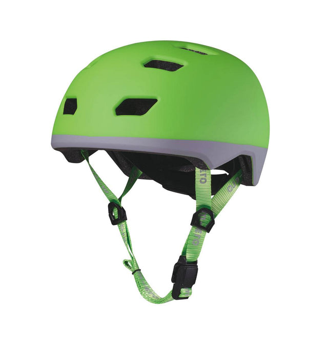 Kinderhelm Neon Grün mit Fidlock-Magnetverschluss, LED-Licht und Belüftungslöchern von Swiss Micro