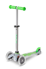 Mini Micro Deluxe Flux LED Neon Green Kinder-Scooter with glowing wheels and adjustable handlebar
