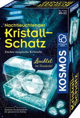 Nachtleuchtender Kristall-Schatz im dunklen Kinderzimmer mit leuchtender Schatztruhe und glitzernden Kristallen