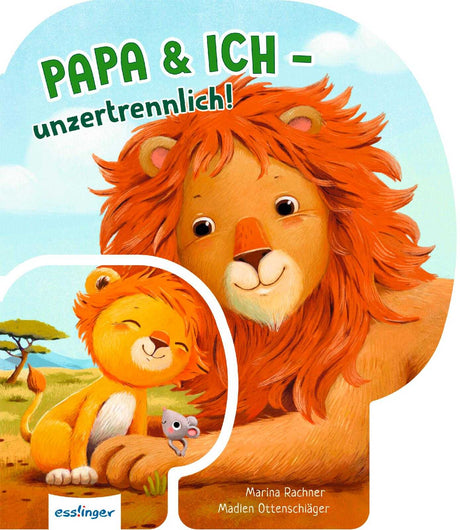 Papa und Baby Löwe umarmen sich liebevoll im Pappebuch Papa & ich - unzertrennlich